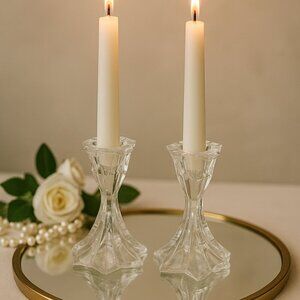 Pair of Vintage Pressed Glass Star Base Taper Candle Holders – Elegant Crystal H